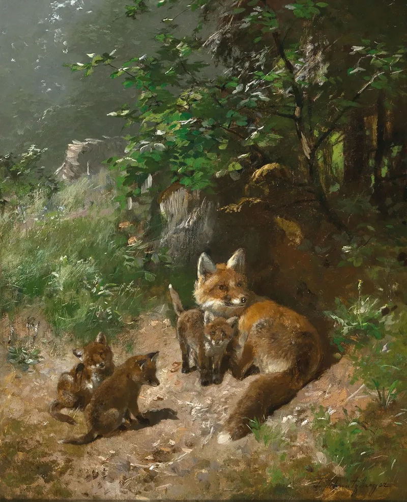 A Vixen With Whelps Wall Art by Josef Schmitzberger - High-Resolution Digital Print