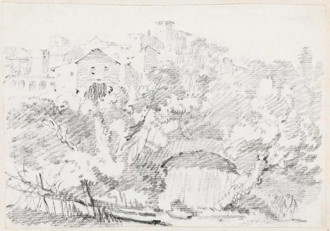 A Waterfall Near A Hilltown In Italy