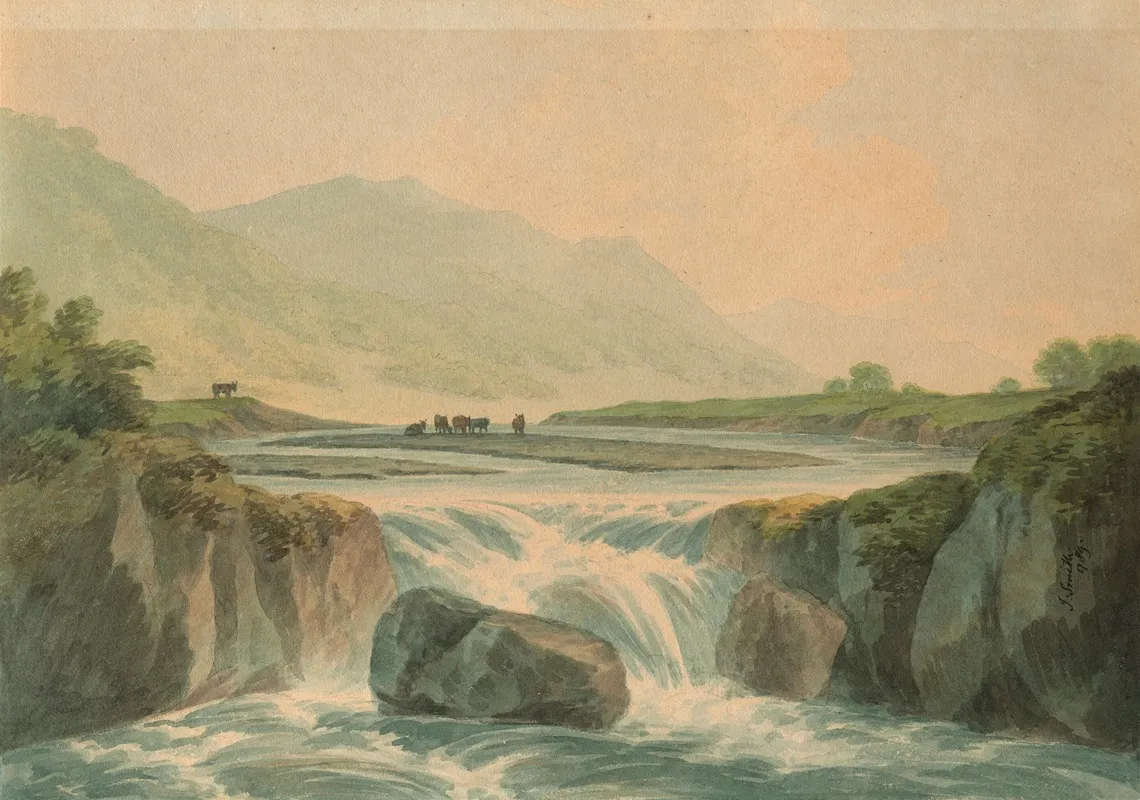 A Waterfall On The River Rheidol With Cattle In The Distance North Wales