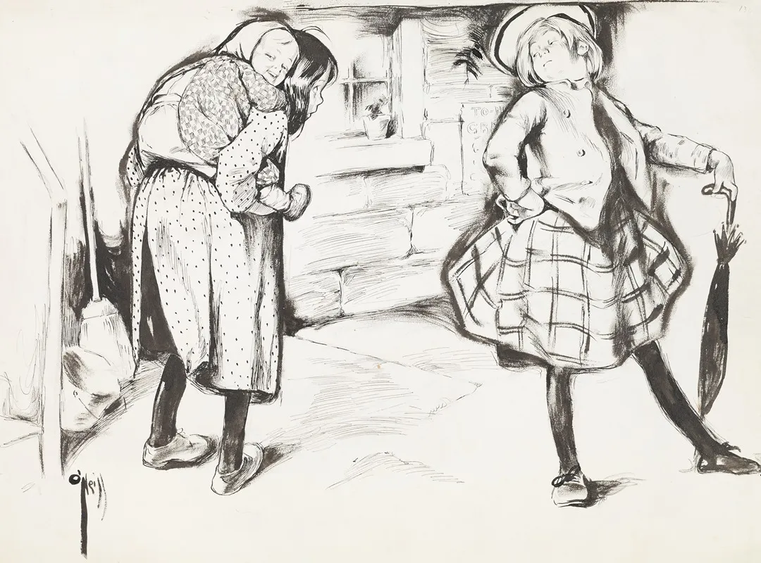 A Wealthy Girl Turns Up Her Nose At A Poor Girl Who Is Carrying A Baby On Her Back Wall Art by Rose Cecil O'Neill - High-Resolution Digital Print