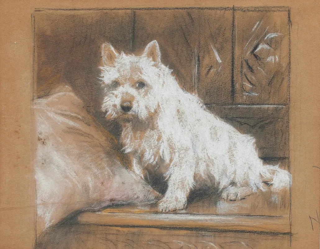 A West Highland Terrier Seated On A Carved Bench