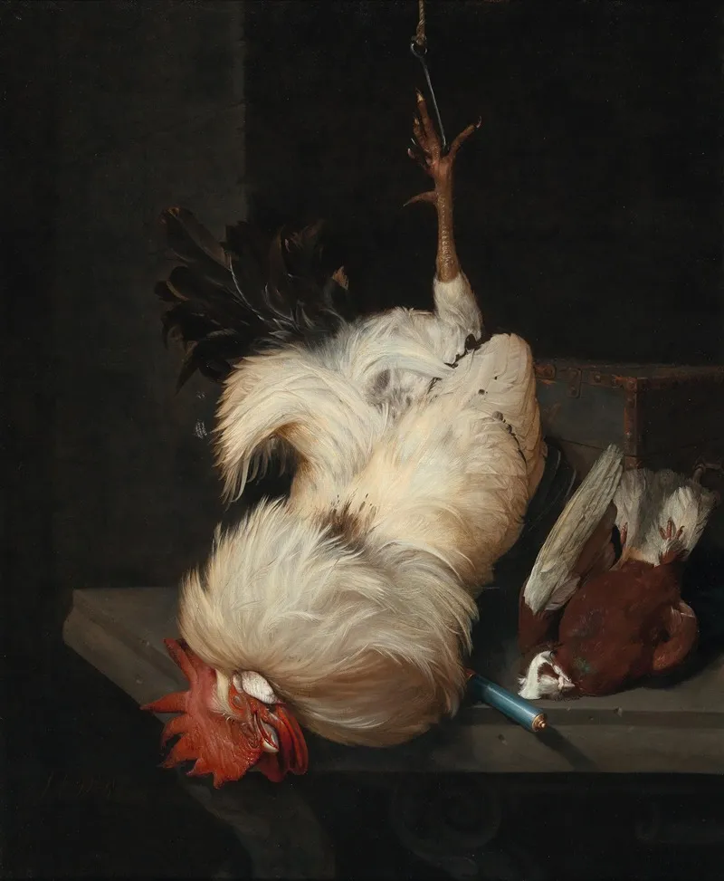 A White Cockerel And A Pigeon On A Stone Table Wall Art by Nicolaes van Gelder - High-Resolution Digital Print