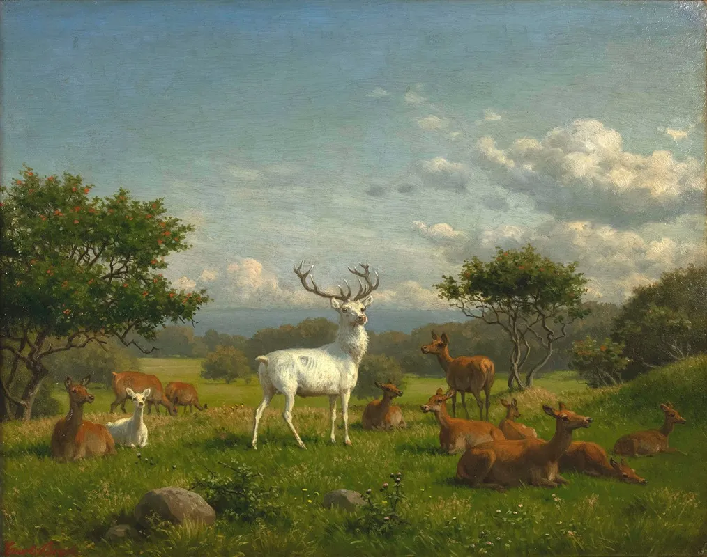 A White Stag With Its Pack Wall Art by Carl Bøgh - High-Resolution Digital Print