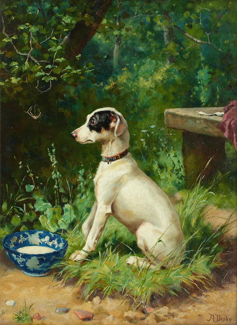 A White Terrier By Its Bowl Wall Art by Alfred Duke - High-Resolution Digital Print