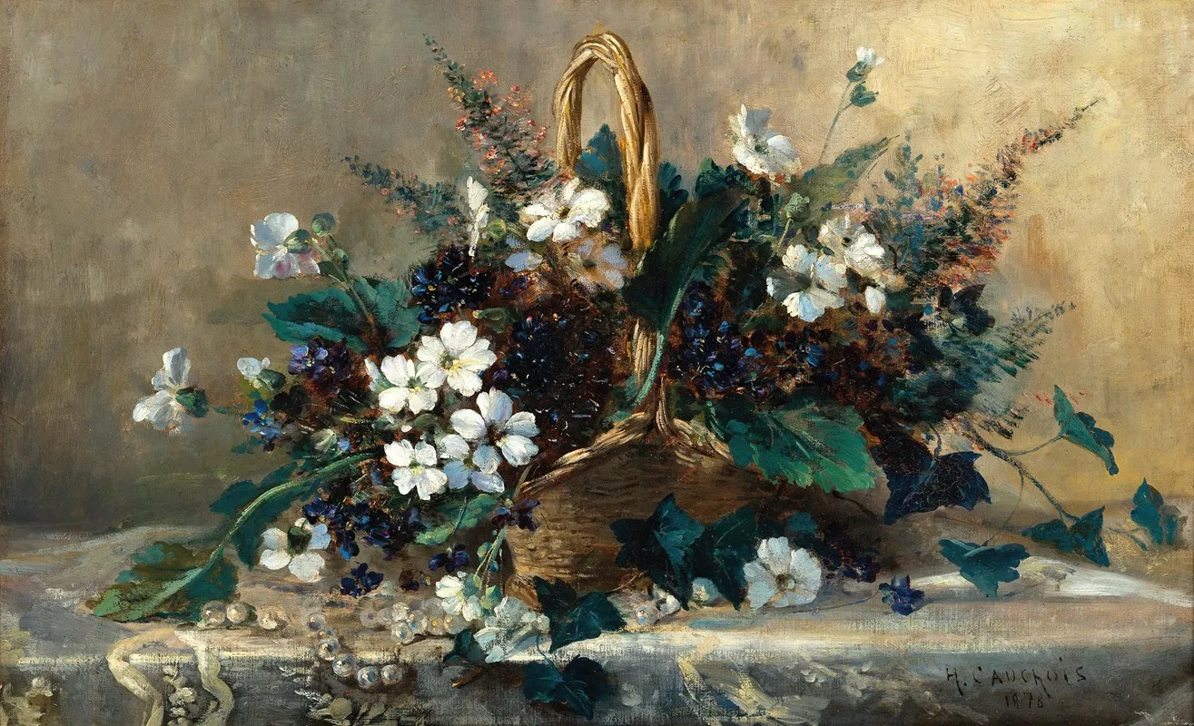 A Wicker Basket With Black Hellebore And Violets