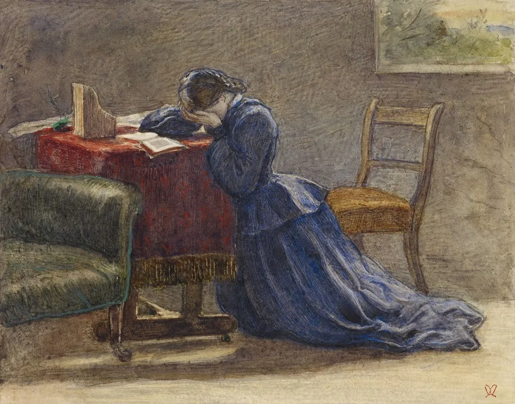 A Wife Face In Both Hands She Knelt On The Carpet Wall Art by Sir John Everett Millais - Canvas Print