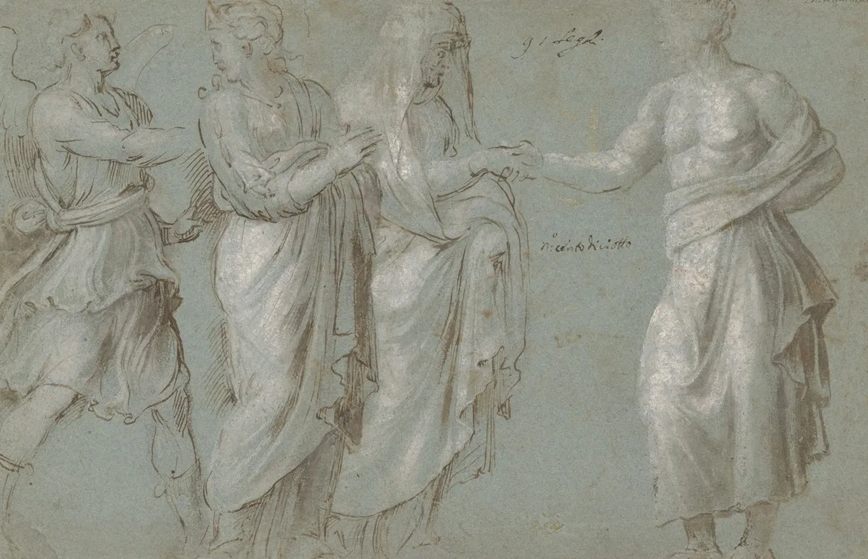 A Winged Figure Two Women And A Man Wall Art by Biagio Pupini - High-Resolution Digital Print