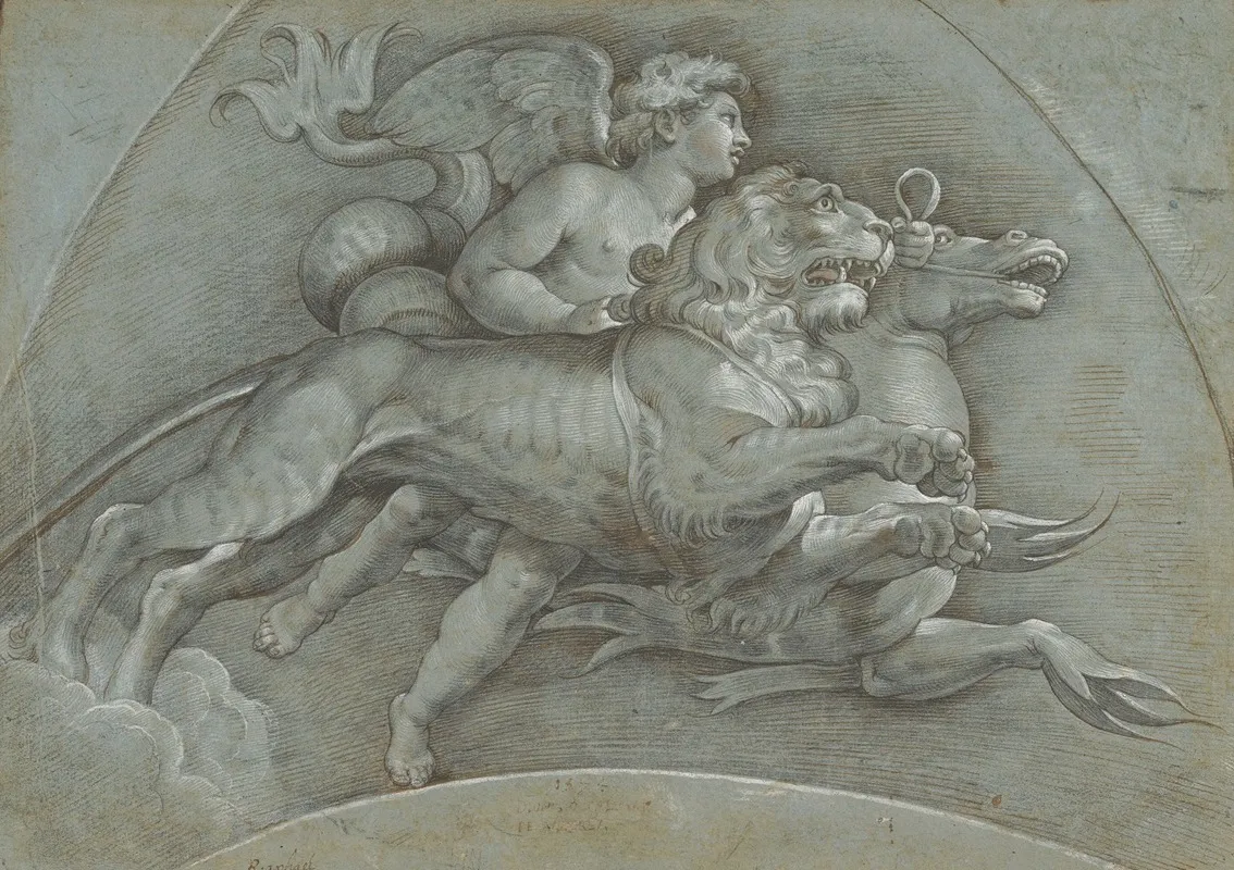A Winged Putto Riding A Sea Horse And A Lion Wall Art by Denys Calvaert - High-Resolution Digital Print