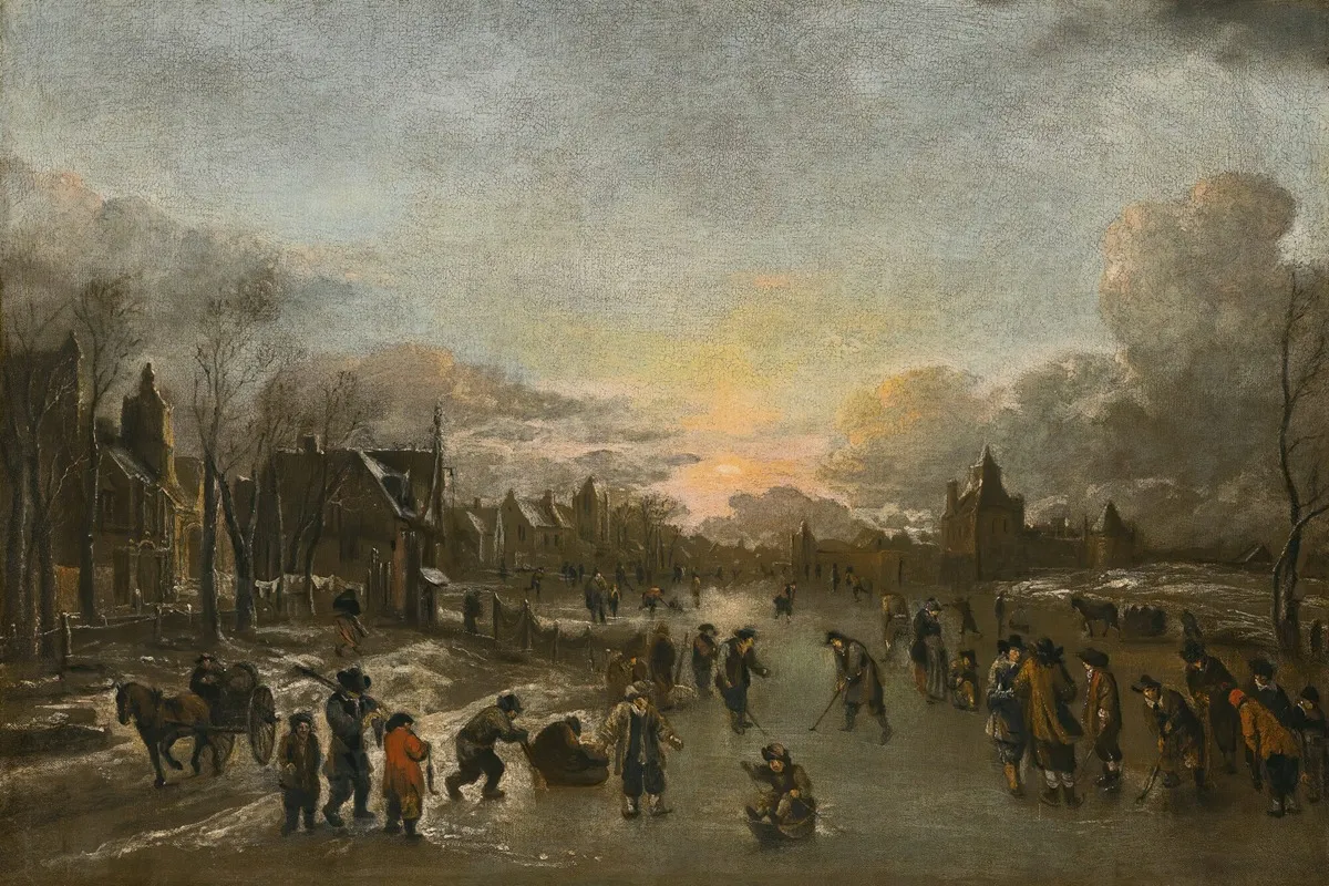 A Winter Landscape At Sunset With Figures Playing Kolf On The Ice Wall Art by Circle of Aert van der Neer - High-Resolution Digital Print