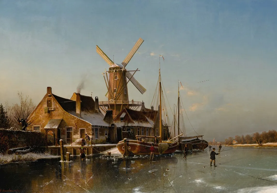 A Winter Landscape With A Mill On A Frozen River