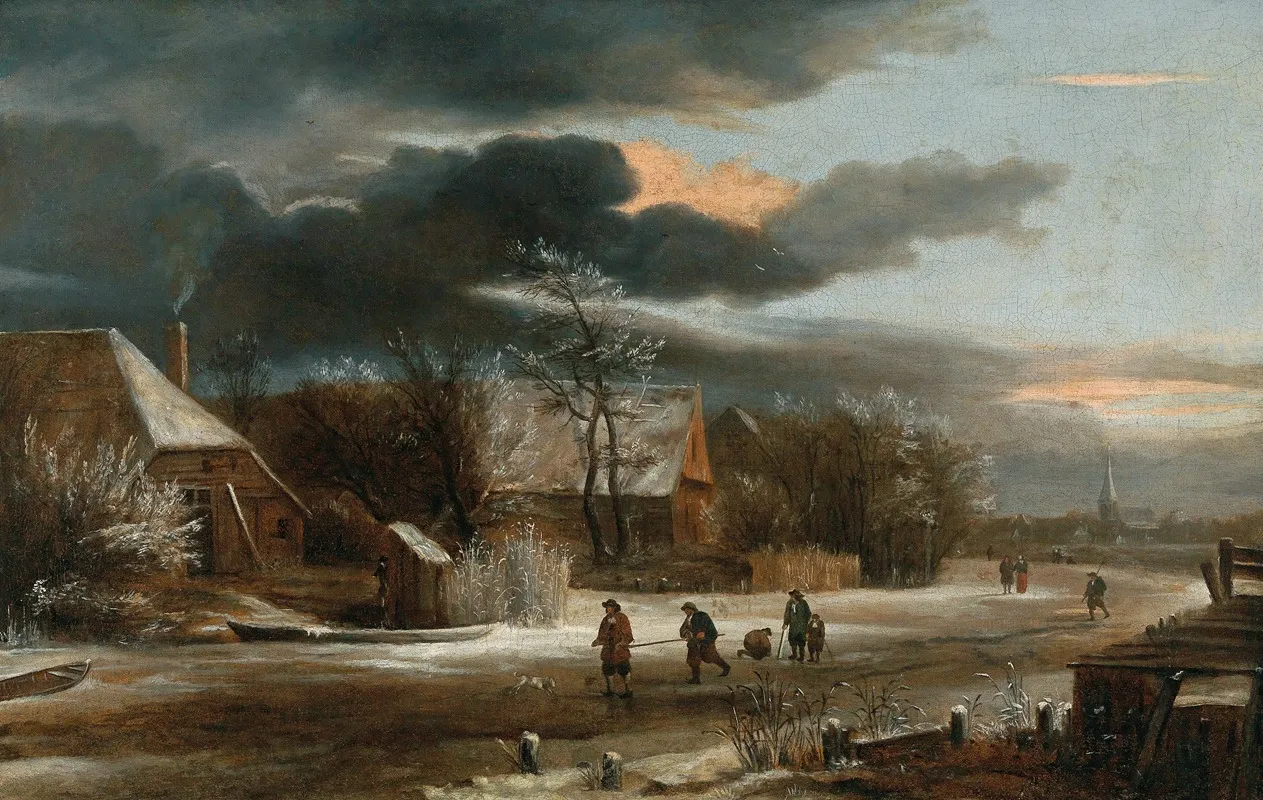 A Winter Landscape With A Village And A Frozen Canal