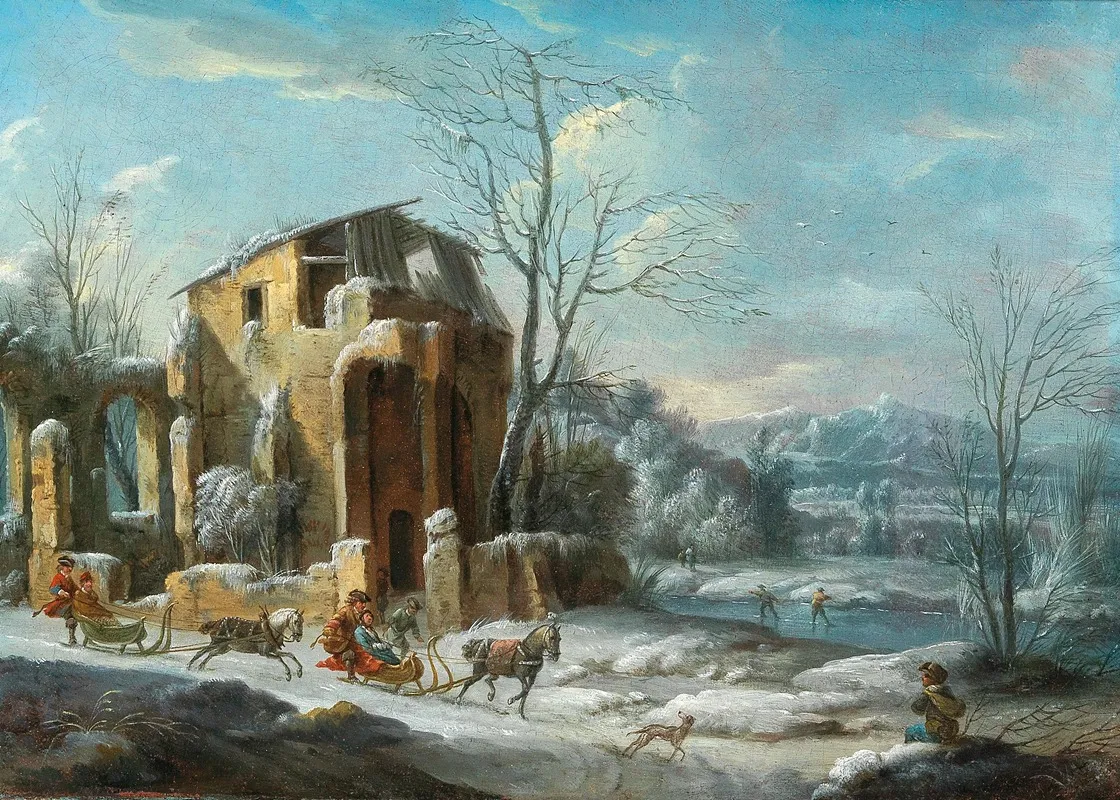 A Winter Landscape With An Elegant Company On Sleighs Drawn By Horses Wall Art by Dirck Maas - High-Resolution Digital Print