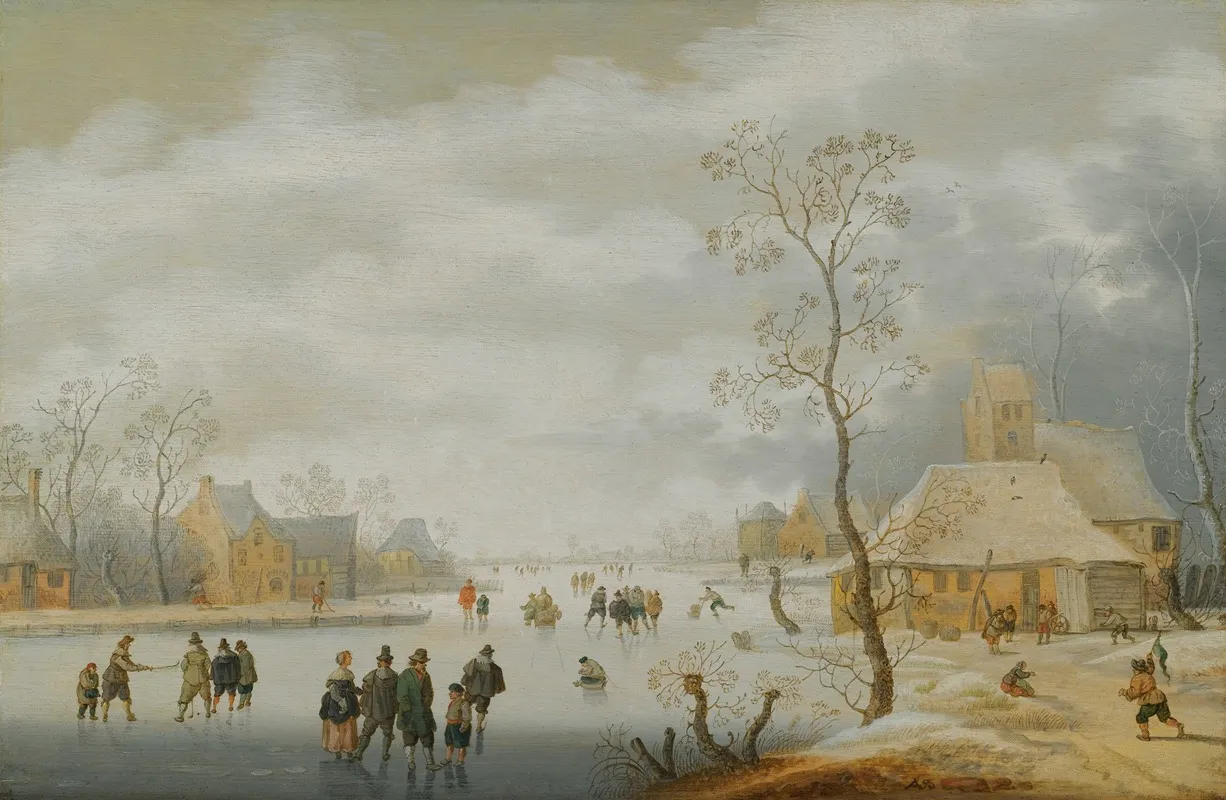 A Winter Landscape With Figures Skating On A Frozen River Beside A Village Wall Art by Anthonie Verstraelen - High-Resolution Digital Print