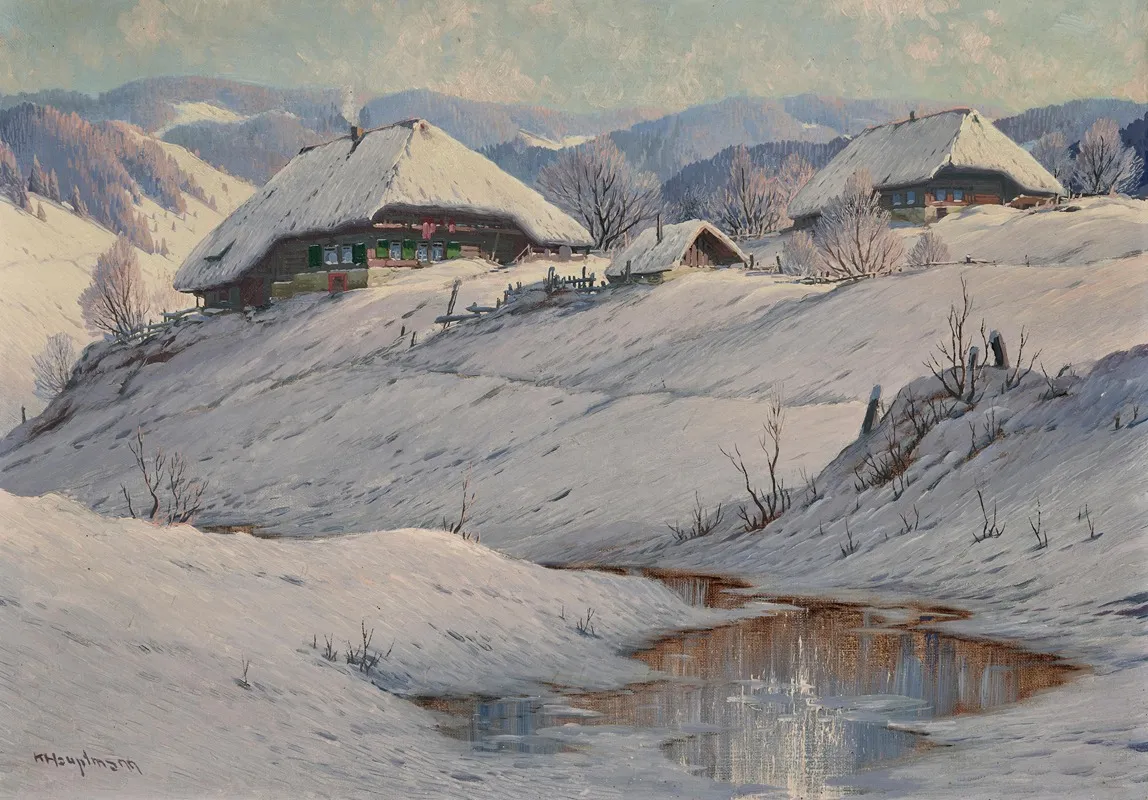 A Winter Landscape With Snow Covered Farmsteads And A Stream