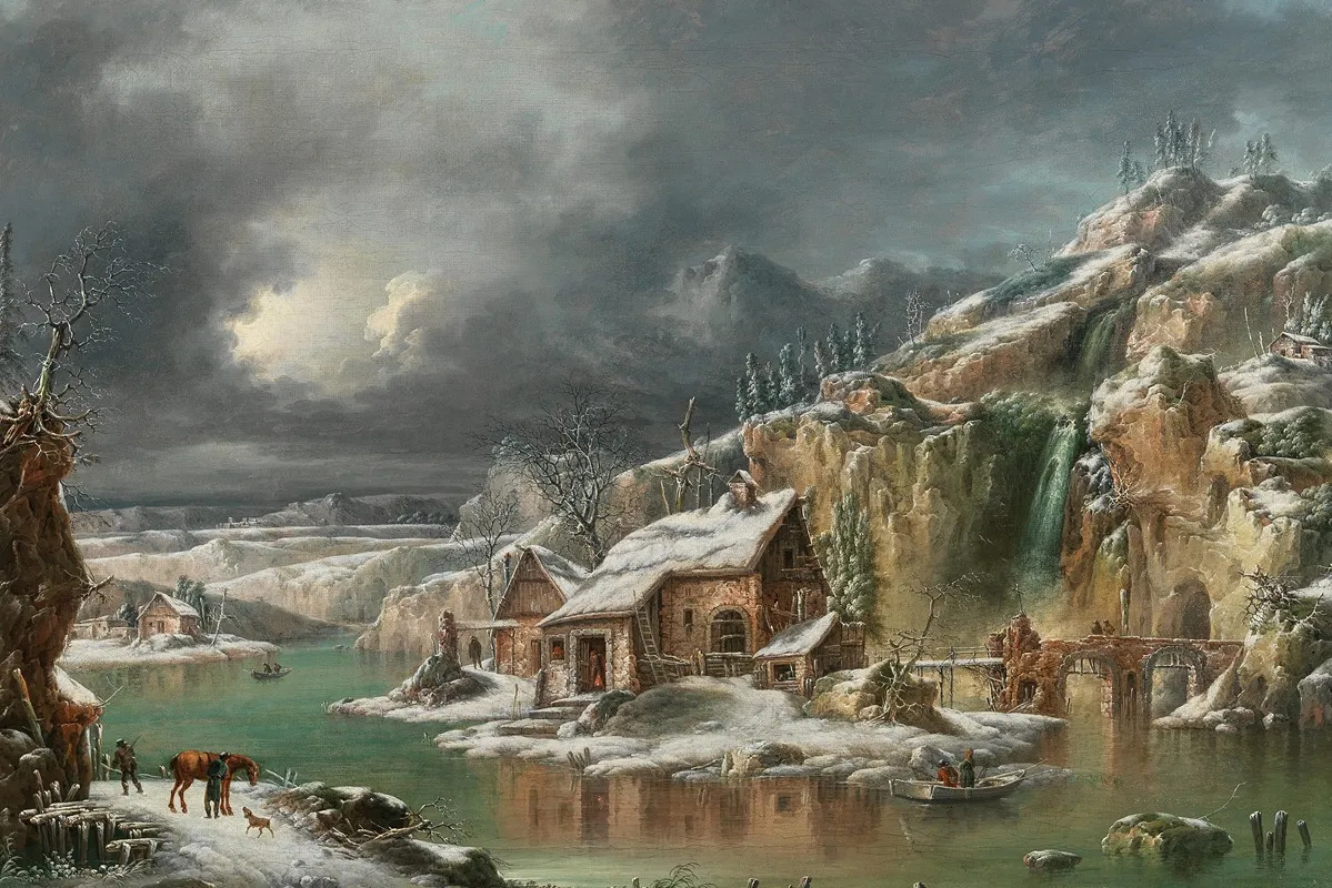 A Winter Landscape With Travellers By A River