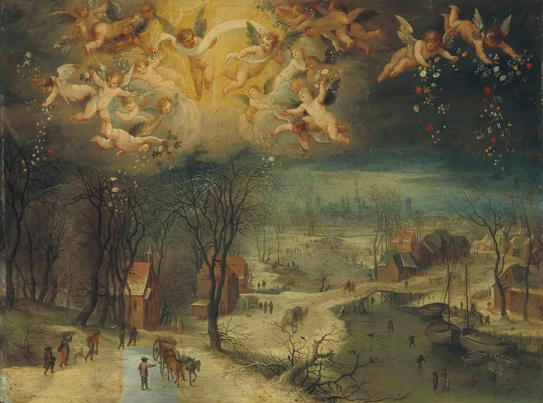 A Winter Landscape With Villagers Gathering Wood And Skaters On A Frozen River Putti Scattering Flowers Above Wall Art by Jan Brueghel The Elder - High-Resolution Digital Print