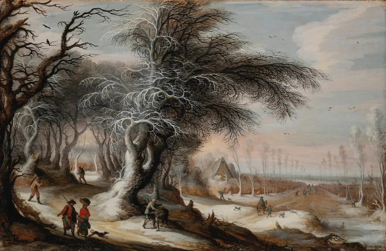 A Winter Landscape With Villagers On A Path Wall Art by Gijsbrecht Leytens - High-Resolution Digital Print