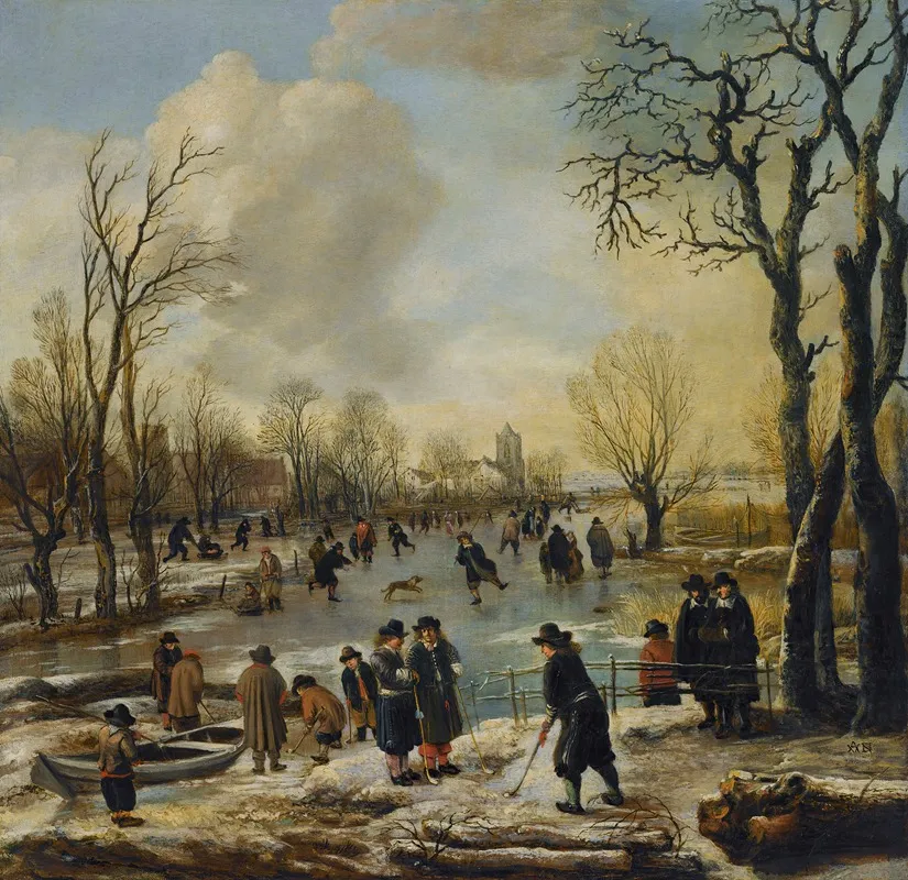 A Winter Landscape With Villagers Skating And Playing Kolf On A Frozen Canal A Village Beyond