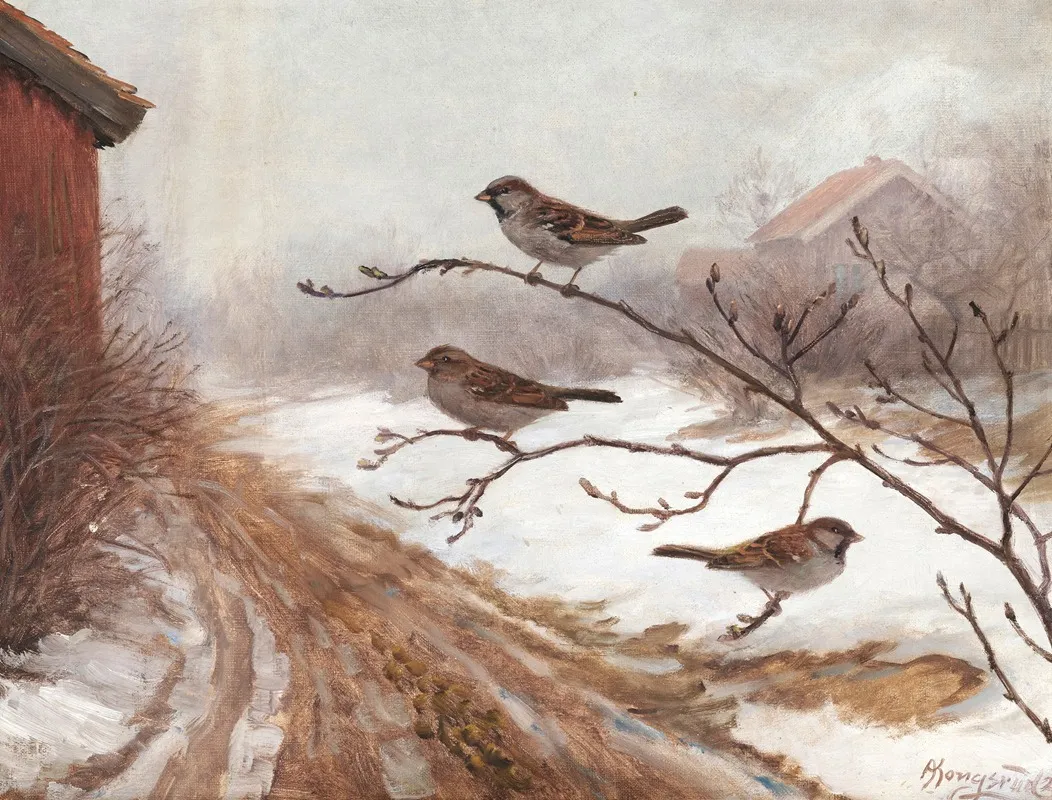 A Winter Scene With Birds Wall Art by Anders Abrahamsen Kongsrud - High-Resolution Digital Print