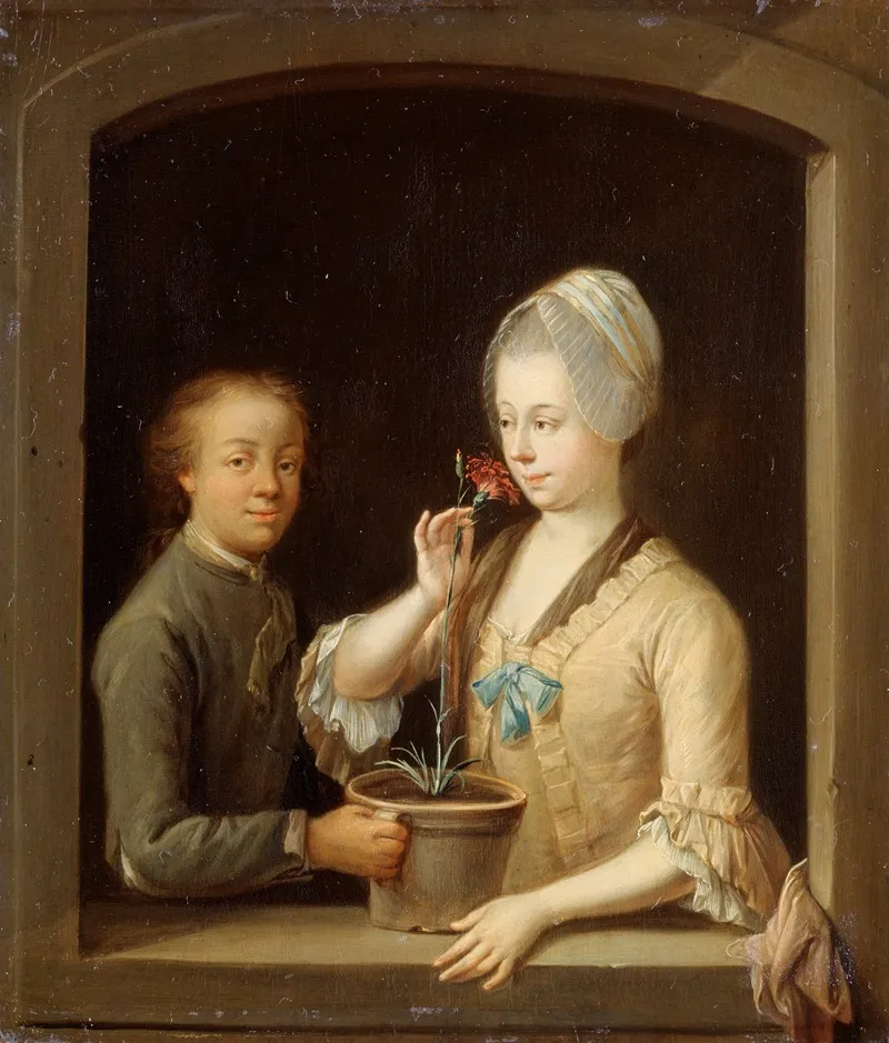 A Woman And A Young Man At A Window