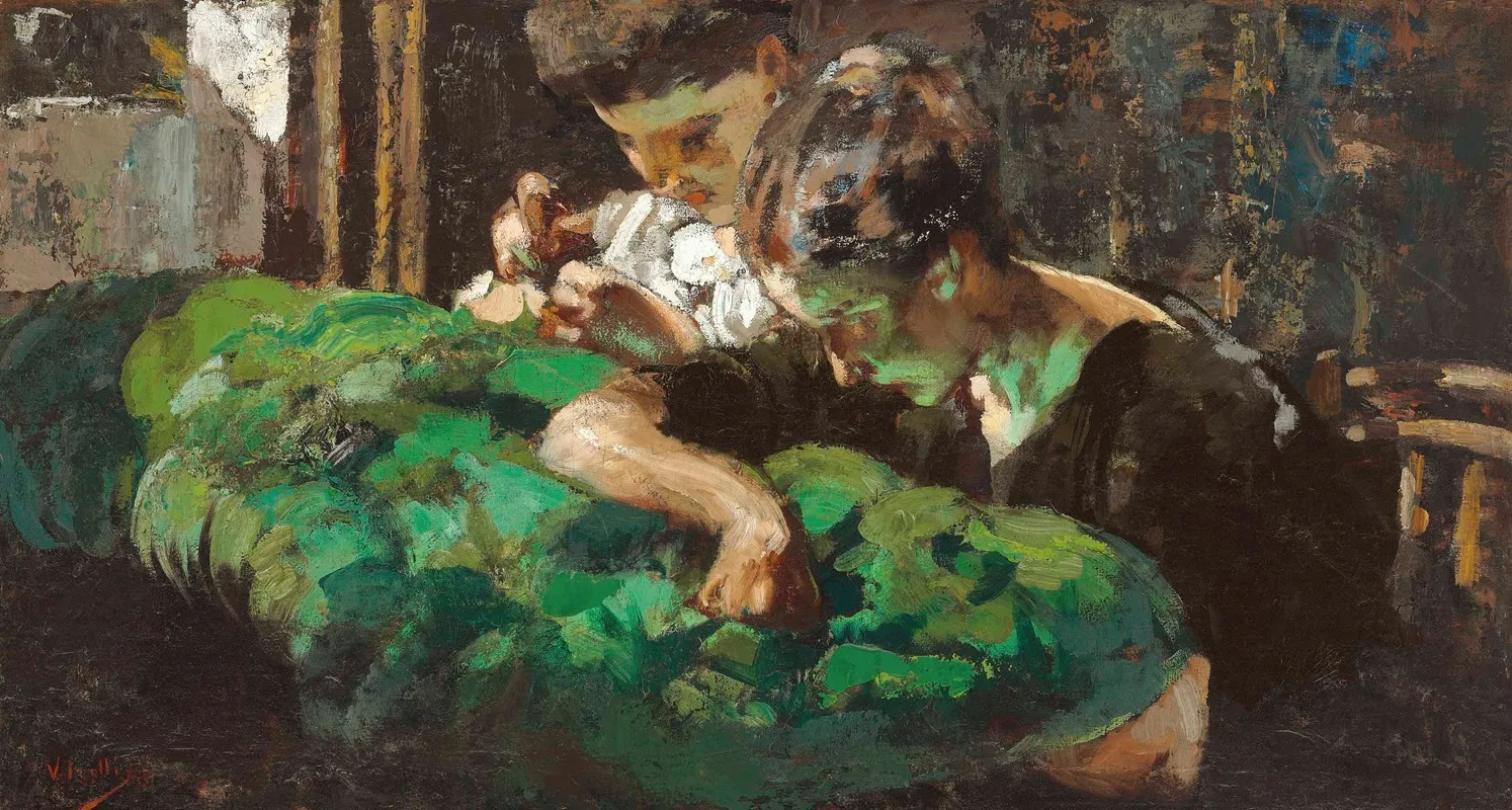 A Woman And Child Sewing