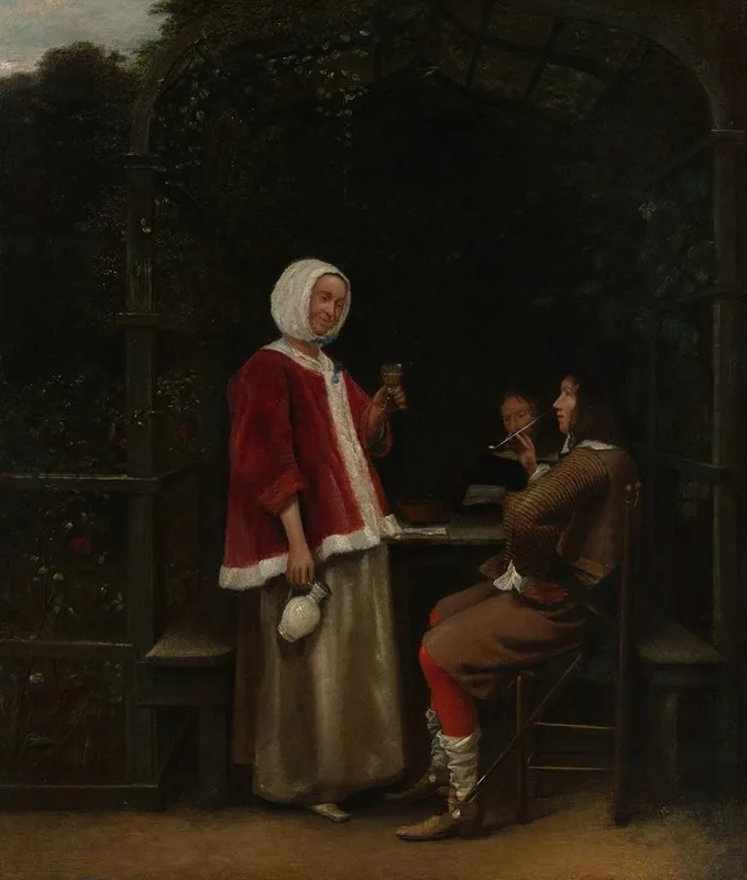 A Woman And Two Men In An Arbor Wall Art by Pieter De Hooch - High-Resolution Digital Print