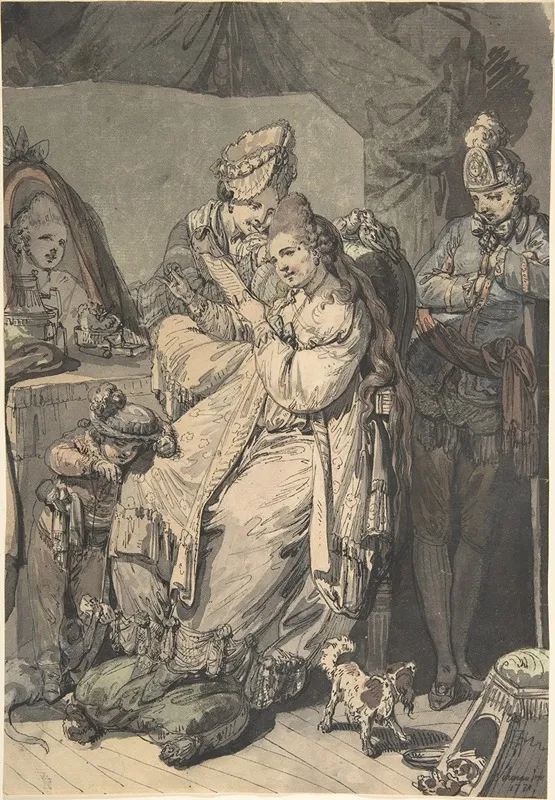 A Woman At Her Toilet With A Maid A Boy A Dog And A Young Soldier Wall Art by Johann Eleazar Schenau - High-Resolution Digital Print