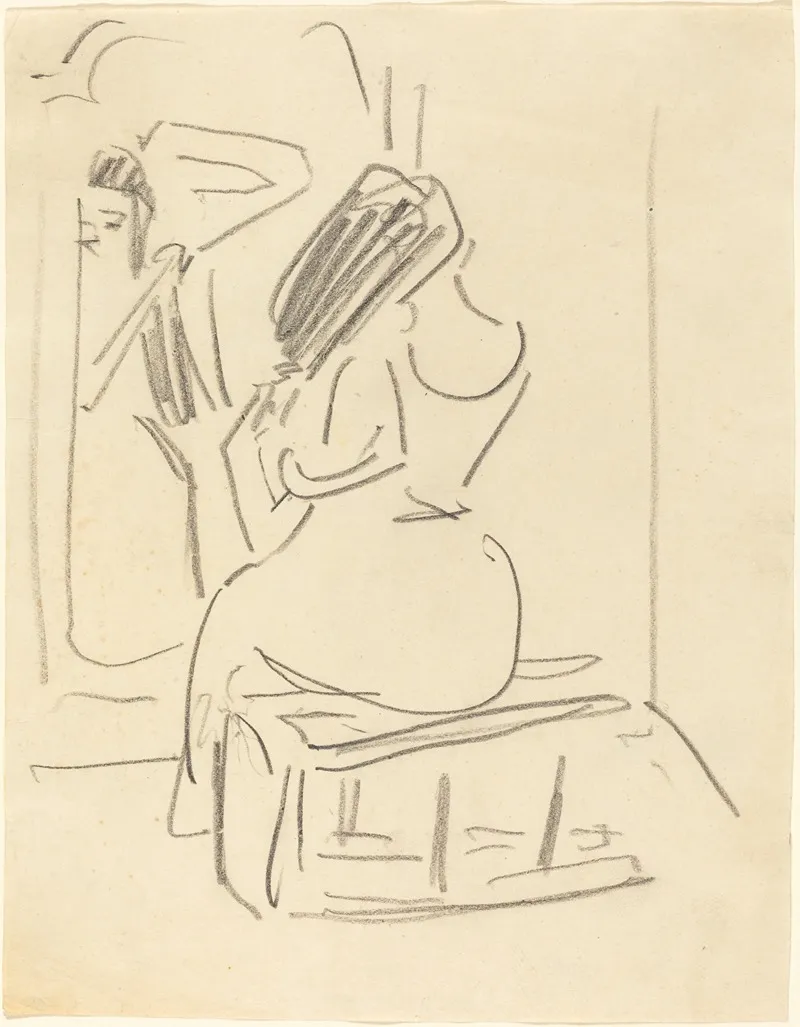A Woman Combing Her Hair In Front Of A Mirror