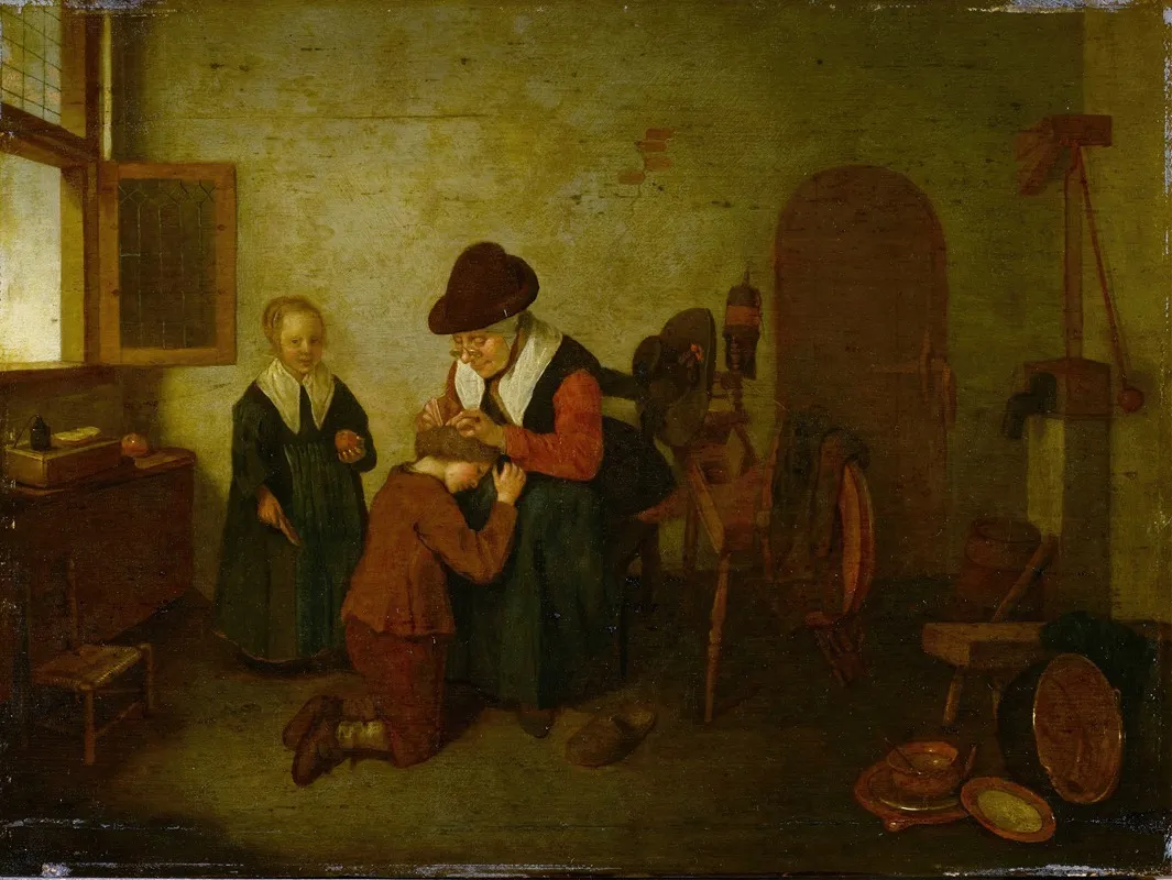 A Woman Deloused A Boy Wall Art by Quirijn Van Brekelenkam - High-Resolution Digital Print