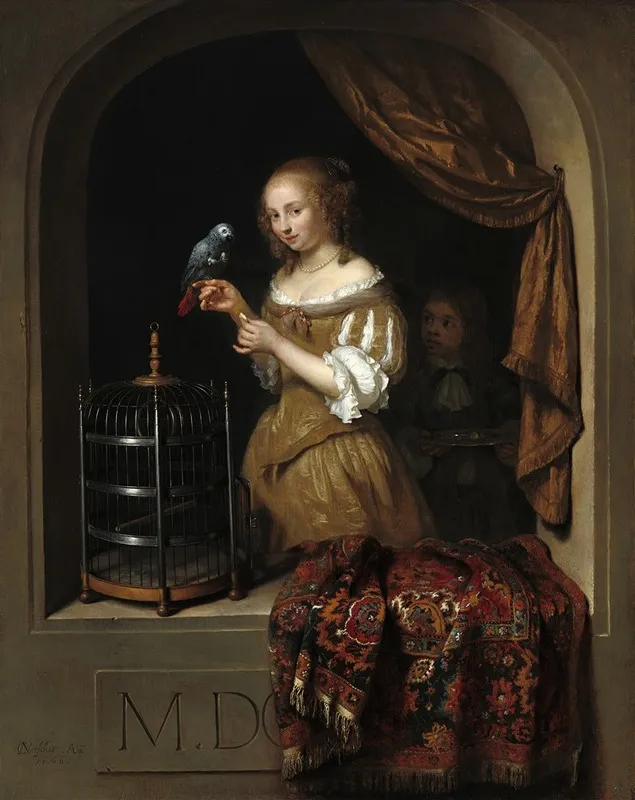 A Woman Feeding A Parrotwith A Page Wall Art by Caspar Netscher - High-Resolution Digital Print