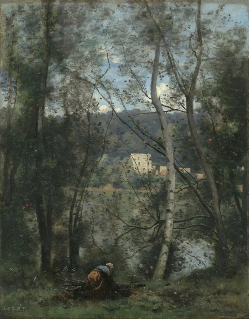 A Woman Gathering Faggots At Ville Davray Wall Art by Jean-Baptiste-Camille Corot - High-Resolution Digital Print