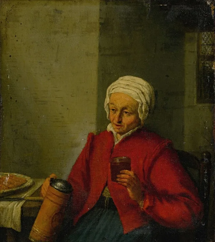 A Woman Holding A Jug And A Cup Wall Art by Adriaen van Ostade - High-Resolution Digital Print