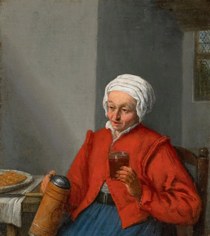 A Woman Holding A Jug And A Glass Of Beer In An Interior Wall Art by Adriaen van Ostade - High-Resolution Digital Print