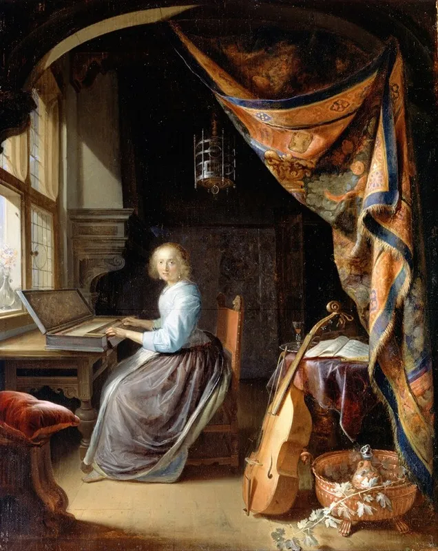 A Woman Playing A Clavichord Wall Art by Gerrit Dou - High-Resolution Digital Print