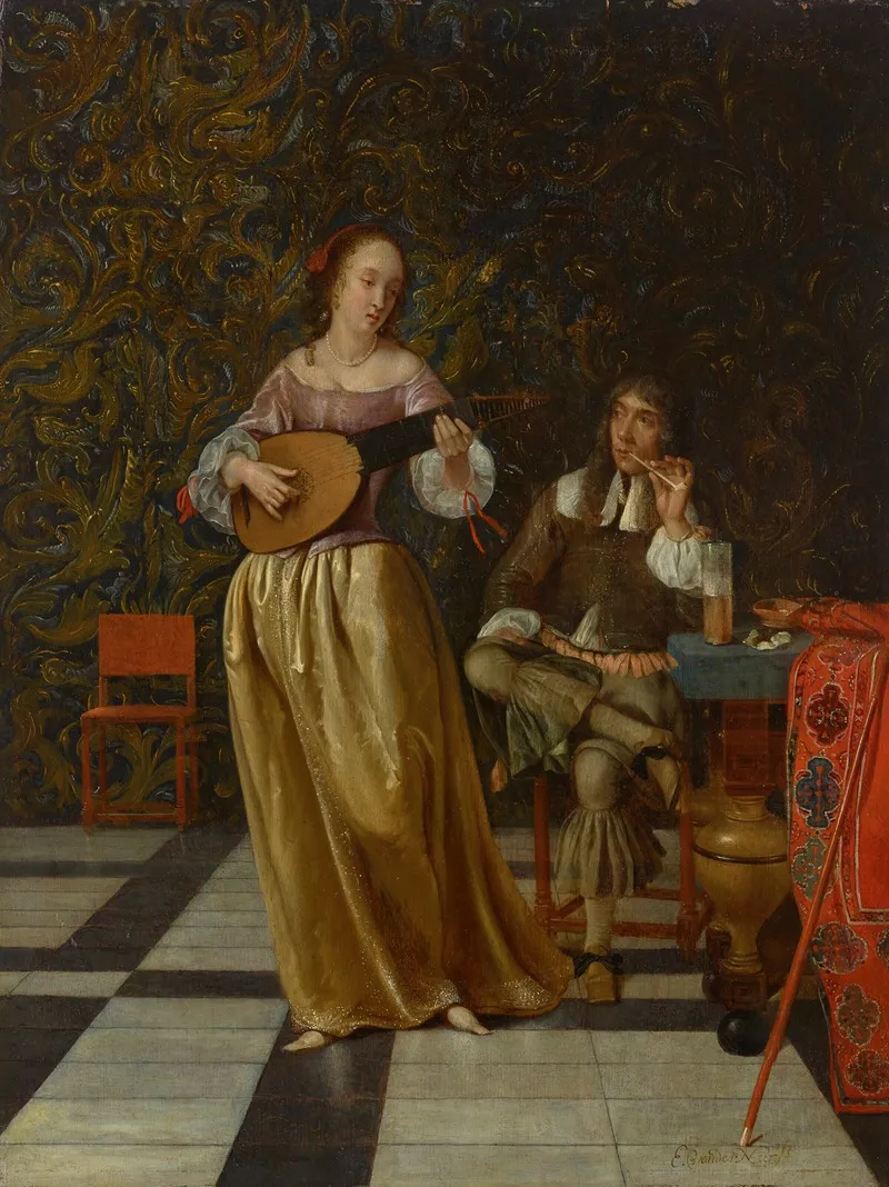 A Woman Playing The Lute And A Man Listening Wall Art by Eglon van der Neer - High-Resolution Digital Print
