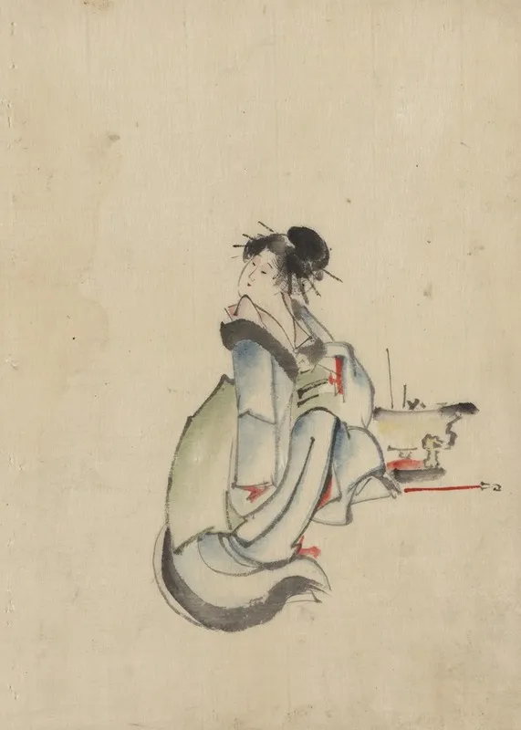 A Woman Possibly A Courtesan Seated Facing Right With Her Head Turned To Look Back Over Her Right Shoulder Wearing Several Hairpins Wall Art by Katsushika Hokusai - High-Resolution Digital Print