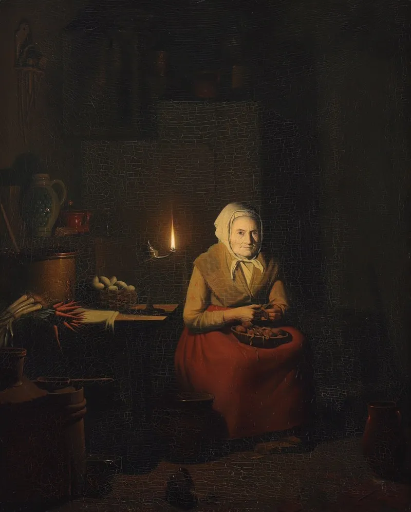 A Woman Preparing A Meal By Candlelight Wall Art by Johannes Rosierse - High-Resolution Digital Print