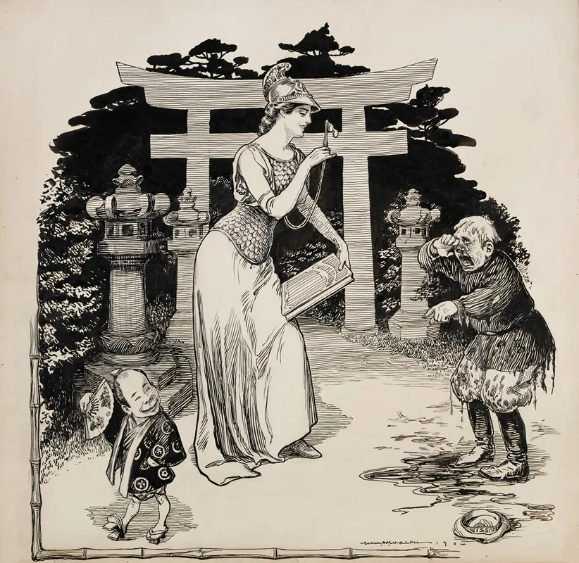 A Woman Representing Civilization Comforts A Crying Child Russia As A Smiling Child Japan Looks On