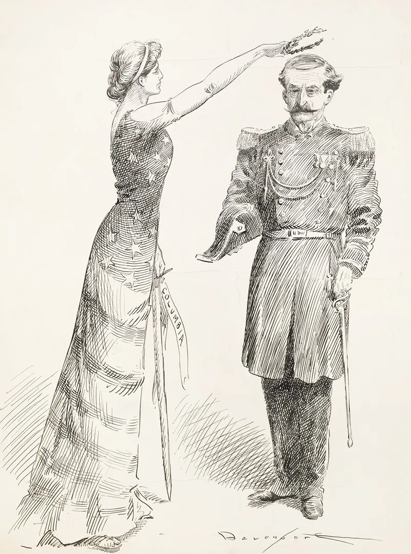 A Woman Representing Columbia With A Stars And Stripes Dress Puts A Laurel Wreath On The Head Of A Man In A Military Uniform