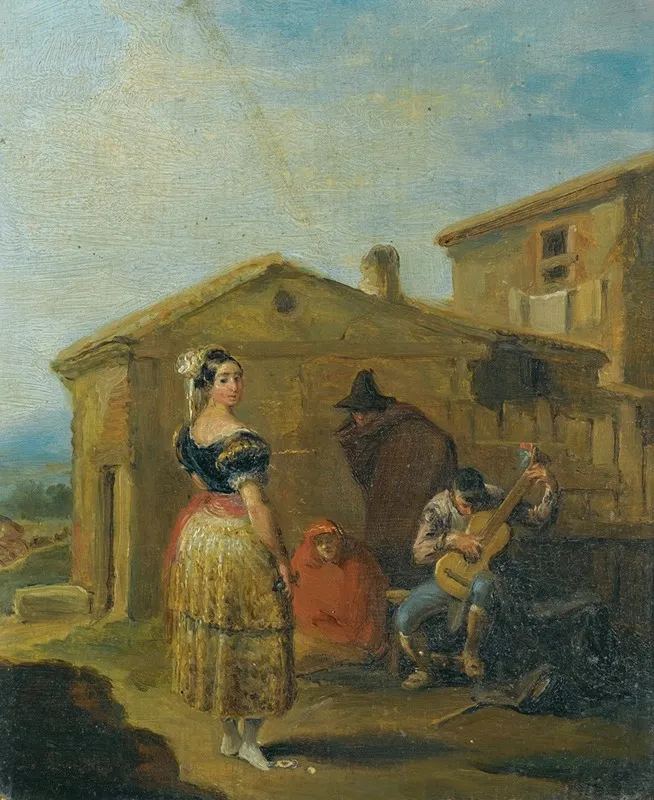 A Woman Standing Before A Musical Group Wall Art by Leonardo Alenza y Nieto - High-Resolution Digital Print