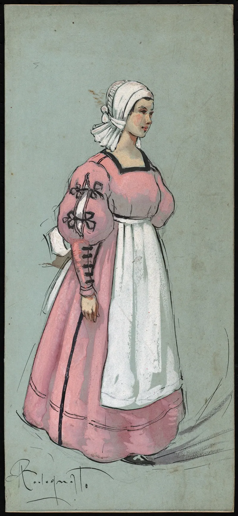 A Woman Standing In A Pink Floor Length Dress In Three Quarter Profile