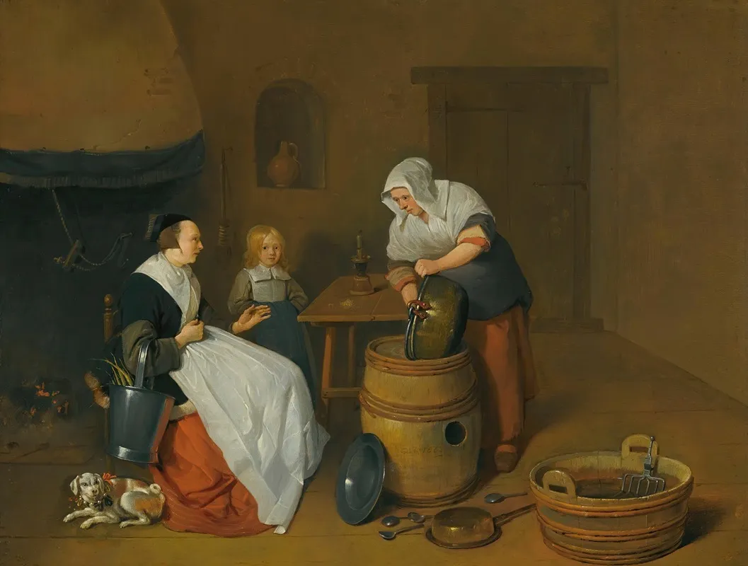 A Woman Talking With Her Maid In A Kitchen Interior With A Child A Dog And A Fire Wall Art by Quirijn Van Brekelenkam - High-Resolution Digital Print