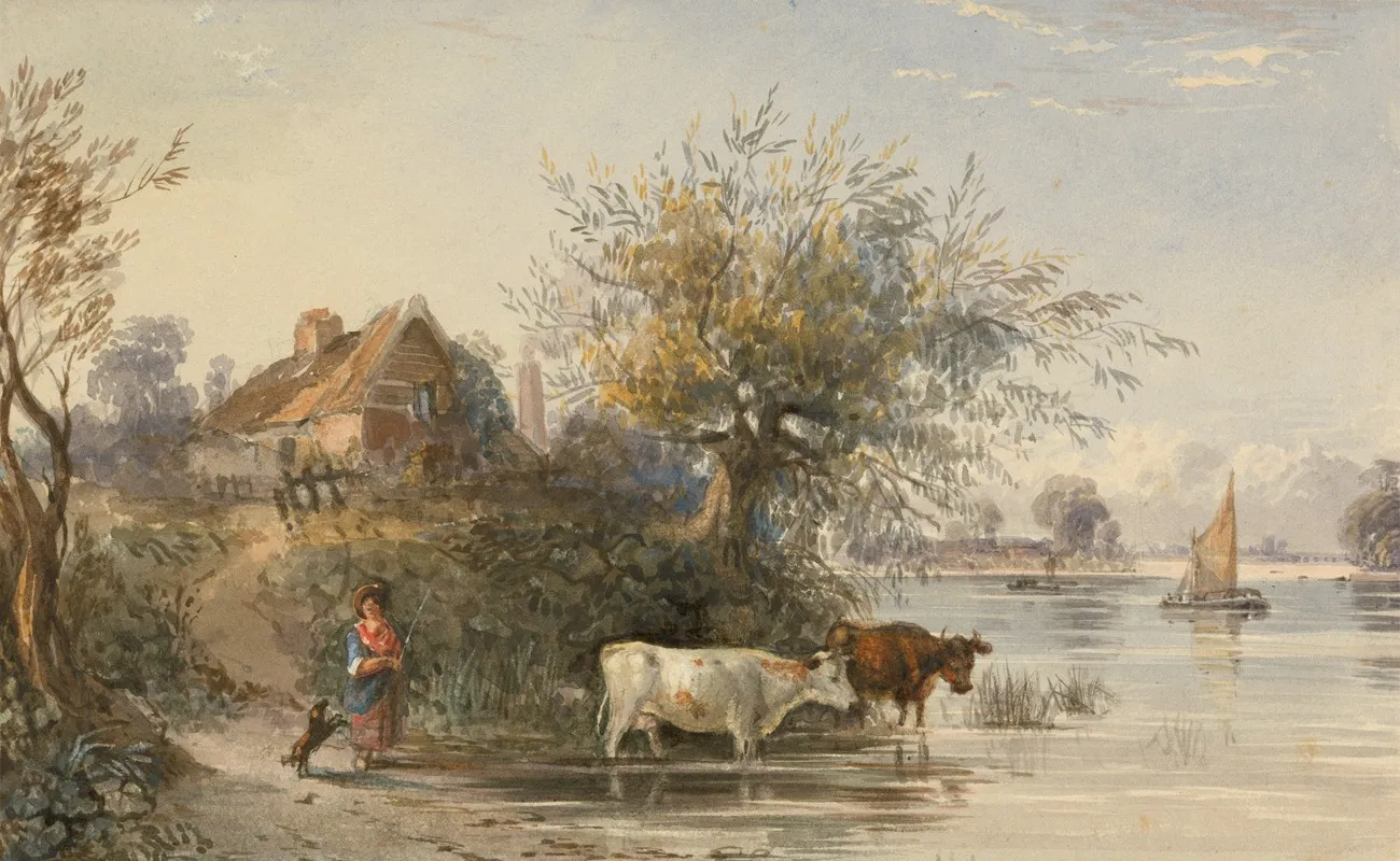 A Woman Tending Cattle By A River