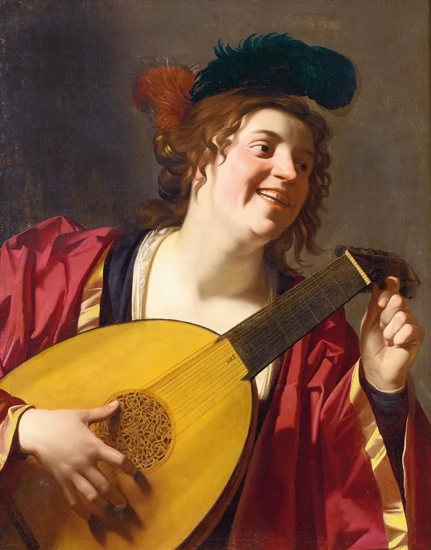 A Woman Tuning A Lute Wall Art by Gerard van Honthorst - High-Resolution Digital Print