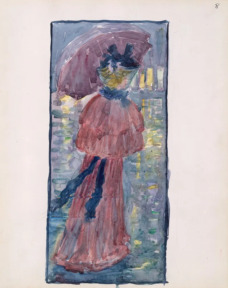 A Woman Walking In The Rain Under An Umbrella Wall Art by Maurice Prendergast - High-Resolution Digital Print