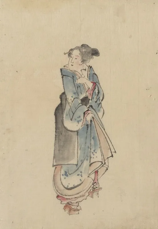 A Woman Walking To The Right Full Length Portrait Facing Left Wearing Kimono And Geta Wall Art by Katsushika Hokusai - High-Resolution Digital Print