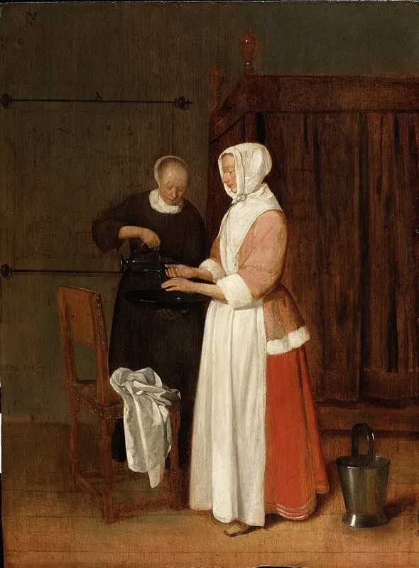 A Woman Washing Her Hands Wall Art by Quirijn Van Brekelenkam - High-Resolution Digital Print
