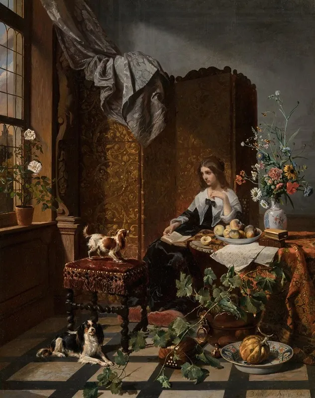 A Woman With Lapdogs In A Lavish Interior Wall Art by David Émile Joseph de Noter - High-Resolution Digital Print