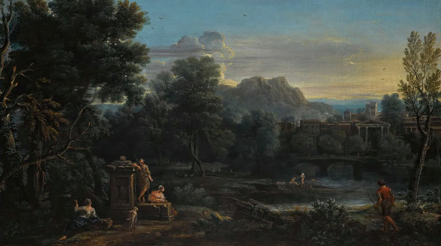 A Wooded Classical Landscape With Figures Resting In The Foreground And Bathing In The River A Town Beyond