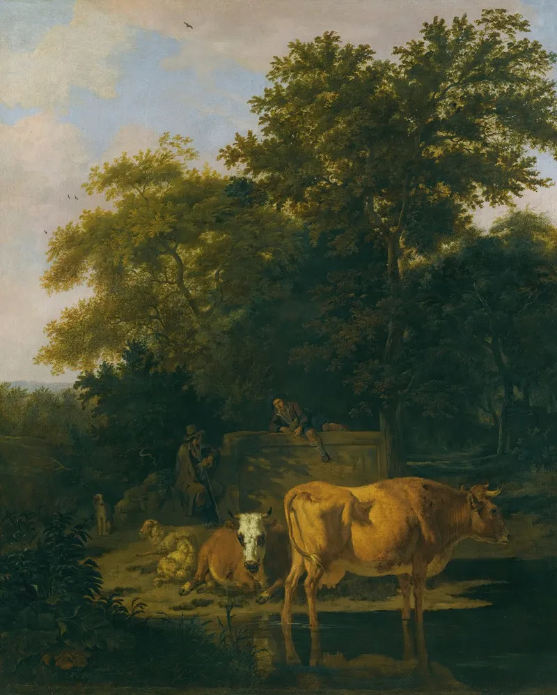 A Wooded Landscape At Dusk With Two Herdsmen A Dog Sheep And Cattle